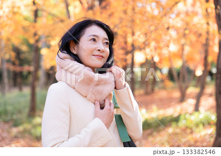 紅葉の公園を散策するミドルの女性 133382546