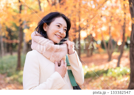 紅葉の公園を散策するミドルの女性 133382547