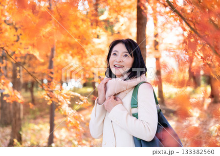 紅葉の公園を散策するミドルの女性 133382560