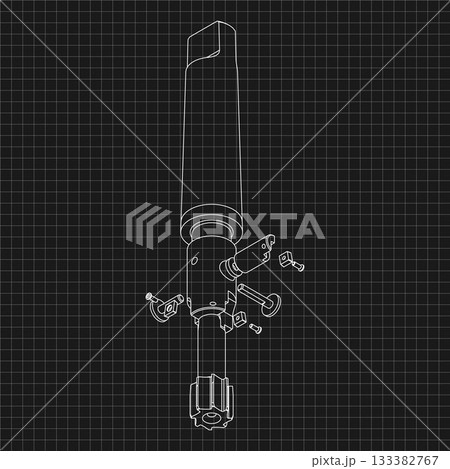 Mechanical engineering drawings. Tap tools, borer. Technical Design. Cover. Blueprint. Step Cutting Tool with Countersinking Function. Technical 3D Vector Illustration 133382767
