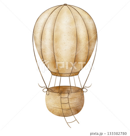 Hot air balloon in vintage children's style, beige pastel colors. Hand-drawn watercolor illustration isolated from background for designs birthday greeting card, posters, nursery decor, baby showers 133382780