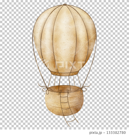Hot air balloon in vintage children's style, beige pastel colors. Hand-drawn watercolor illustration isolated from background for designs birthday greeting card, posters, nursery decor, baby showers 133382780
