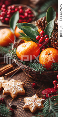 Christmas Scene with Mandarins and Cookies on the table with Christmas Decorations 133382925