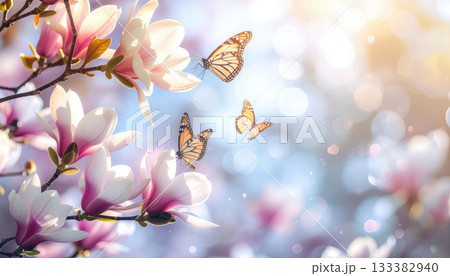 Delicate butterfly floating near blooming pink magnolia flower against soft bokeh background, natural spring garden scene 133382940