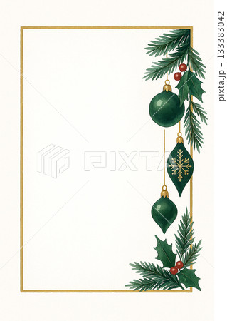 緑のオーナメントとヒイラギをあしらった縦型クリスマスフレーム 緑のオーナメントとヒイラギをあしらった縦型クリスマスフレーム 133383042