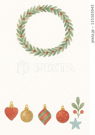 クリスマスリースとオーナメントの水彩イラスト（縦）  → 検索者がよく入力する 133383043