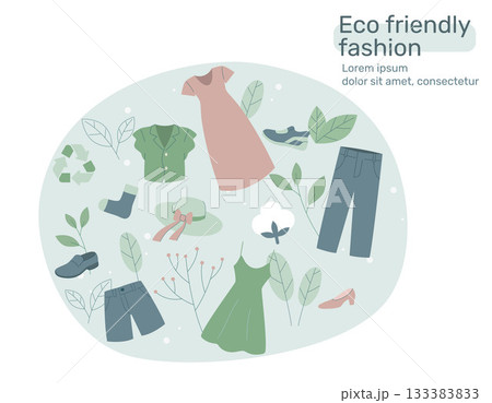 Eco friendly clothing sustainable, Recycling textile, Organic cotton fabric, Recycle and environmental care concept on fashion. Vector design illustration. 133383833