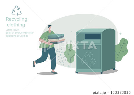 A man holding stack of clothes or textiles to donate, Recycle and sustainable environmental care concept on fashion. Vector design illustration. 133383836