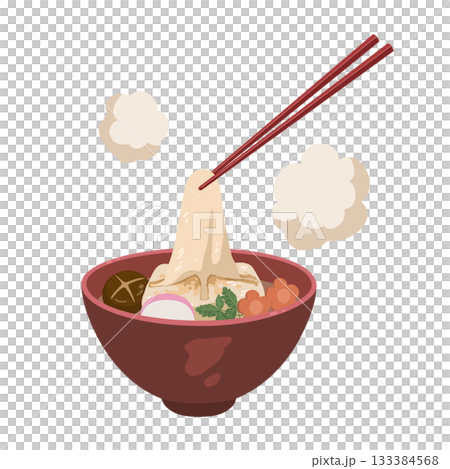 Illustration of mochi rice cakes in zoni held with chopsticks Illustration of mochi rice cakes in zoni held with chopsticks 133384568