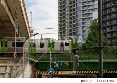 Train passing over a bridge in a modern Japanese city 133384768