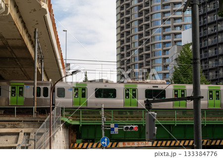 Train passing over a bridge in a modern Japanese city 133384776