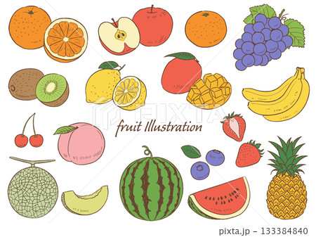 手描きの果物のセット線画カラー_ベクターイラスト 133384840