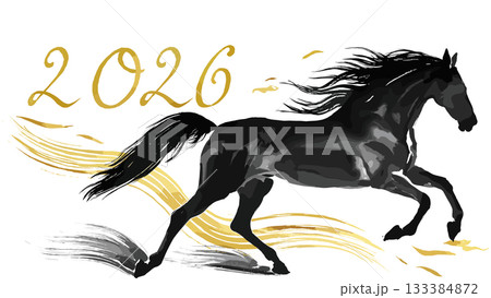 黒い和風水墨画の馬が新年の空へ金の馬がきらきら駆ける希望の瞬間と新年を祝う金色の風 133384872
