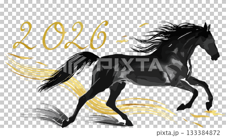 黒い和風水墨画の馬が新年の空へ金の馬がきらきら駆ける希望の瞬間と新年を祝う金色の風 133384872