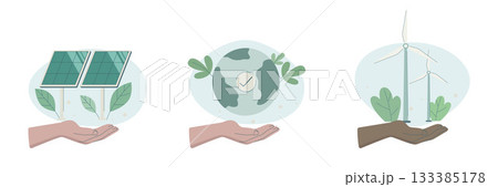 Eco friendly sustainable, Set of caring characters hands holding earth, solar panels and wind turbines, preservation of ecology of planet,  climate change problem concepts, Vector illustration. 133385178