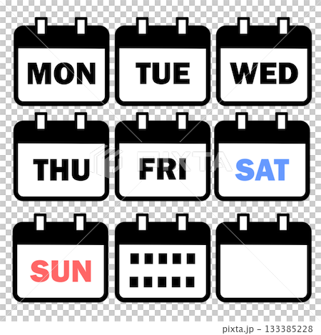 一周中的日曆日，週一、週二、週三、週四、週五、週六和周日矢量圖標插圖集 133385228