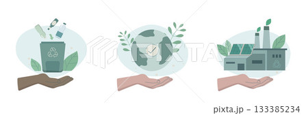 Eco friendly sustainable, Set of caring characters hands holding earth, Recycling waste and Green factory, preservation of ecology of planet, climate change problem concepts, Vector illustration. Eco friendly sustainable, Set of caring characters hands holding earth, Recycling waste and Green factory, preservation of ecology of planet, climate change problem concepts, Vector illustration. 133385234
