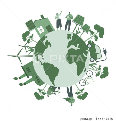 Eco friendly sustainable, Planet earth with alternative green energy resources, climate change problem concepts. Vector design illustration. 133385310