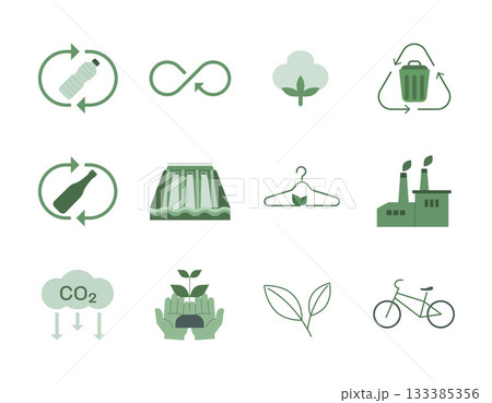 Set of green ecology flat icons, Alternative green energy resources, Usable for branding and nature logo, ecology nature element concepts. Vector design illustration. 133385356