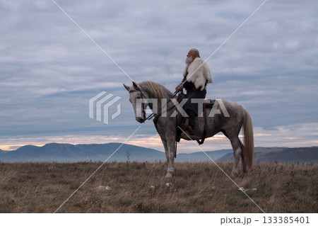 A majestic Viking chieftain on a dappled grey horse, clad in a fur cloak, surveys a desolate, mountainous landscape under a dramatic cloudy sky, exuding power and presence. A majestic Viking chieftain on a dappled grey horse, clad in a fur cloak, surveys a desolate, mountainous landscape under a dramatic cloudy sky, exuding power and presence. 133385401