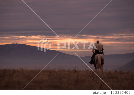 A majestic Viking chieftain on a dappled grey horse, clad in a fur cloak, surveys a desolate, mountainous landscape under a dramatic cloudy sky, exuding power and presence. A majestic Viking chieftain on a dappled grey horse, clad in a fur cloak, surveys a desolate, mountainous landscape under a dramatic cloudy sky, exuding power and presence. 133385403