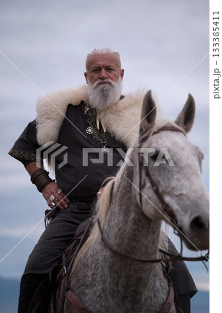 A majestic Viking chieftain on a dappled grey horse, clad in a fur cloak, surveys a desolate, mountainous landscape under a dramatic cloudy sky, exuding power and presence. 133385411