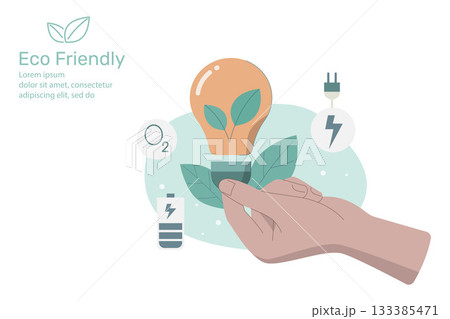 Eco friendly sustainable, Hand holding light bulb with plant growing inside, Green eco energy and climate change problem concepts. Vector design illustration. Eco friendly sustainable, Hand holding light bulb with plant growing inside, Green eco energy and climate change problem concepts. Vector design illustration. 133385471