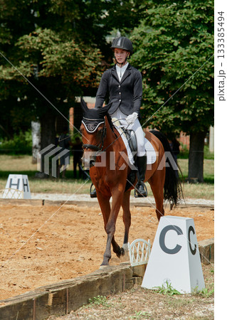 Equestrian dressage competition, young woman riding horse in outdoor arena, performing test, horse and rider in harmony, showing skill and precision, summer day, sport event. 133385494