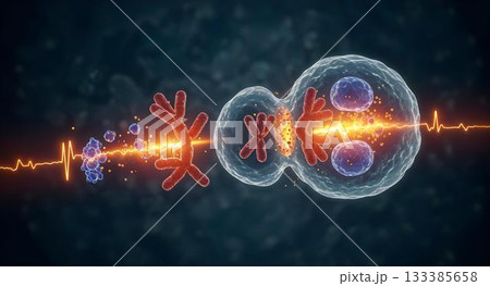 Cellular Division: Depicting the intricate dance of life at a microscopic level, showcasing the miraculous process of cell division with stunning detail and vibrancy. 133385658