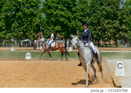 Equestrian dressage competition, woman riding horse in arena, outdoor event, horse and rider performing, equestrian sport, horse show, horsemanship, training. 133385706