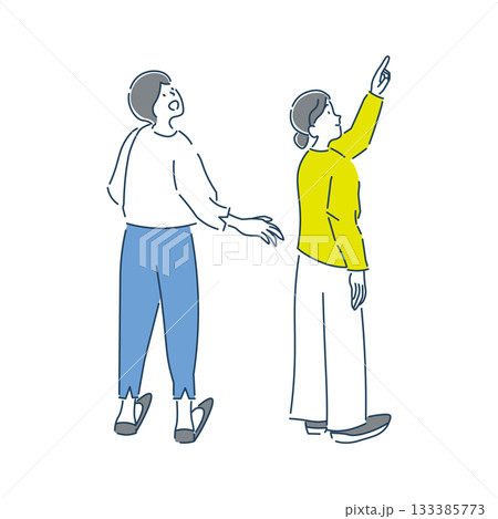 笑顔で上を見上げている2人の女性の全身のイラスト素材 133385773