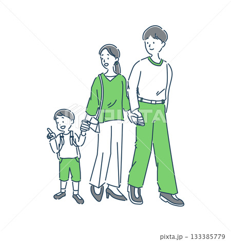 笑顔で手を繋いでショッピングをしている家族のシンプルな全身イラスト素材 133385779