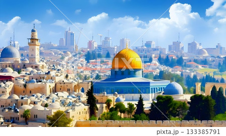 Panoramic view of Jerusalem with ancient and modern architecture, including the Dome of the Rock Panoramic view of Jerusalem with ancient and modern architecture, including the Dome of the Rock 133385791