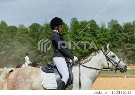 Equestrian sport, horse and rider in dressage competition, woman riding horse in outdoor arena, training and performance, equine event, sunny day, natural light, action shot. 133386112