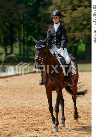 Equestrian sport, horse and rider in dressage competition, woman riding horse in outdoor arena, training and performance, equine event, sunny day, natural light, action shot. Equestrian sport, horse and rider in dressage competition, woman riding horse in outdoor arena, training and performance, equine event, sunny day, natural light, action shot. 133386282