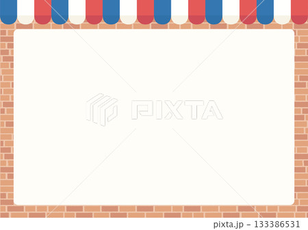 A4サイズ横メニュー表台紙、フランストリコロールカラーのオーニングと明るい色のレンガ壁背景 133386531