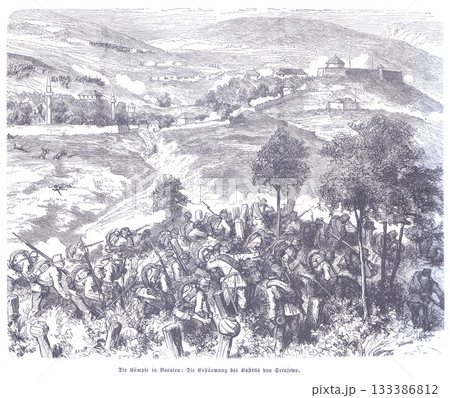 An engraving of an intense historical battle scene with soldiers fighting in the foreground, and a fortified town, complete with minarets and a castle on a hill, in the background 133386812