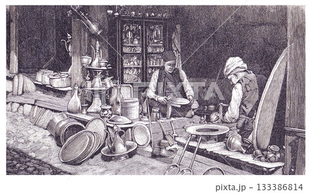 Engraving of a traditional Sarajevo coppersmith's workshop (kujundzijska radnja), showing artisans crafting metalware amidst numerous finished and unfinished items, reflecting 19th-century Balkan 133386814