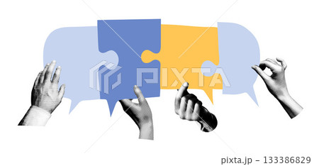 Hands holding blue and yellow speech bubbles in a puzzle shape. Vector collage. Communication and teamwork concept for business and education. Hands holding blue and yellow speech bubbles in a puzzle shape. Vector collage. Communication and teamwork concept for business and education. 133386829