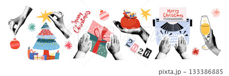 Merry Christmas. Collage with halftone hands decorating a Christmas tree, holding gifts, and a glass of champagne. New Year 2026. Vector illustration for greeting cards, posters, and banners. 133386885