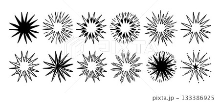 Set of hand drawn star shapes with different outlines and rays. Black and white vector doodle collection isolated on white background. Celestial and decorative element for design. Set of hand drawn star shapes with different outlines and rays. Black and white vector doodle collection isolated on white background. Celestial and decorative element for design. 133386925
