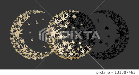 A crescent moon with three phases, rendered in gold and black stars on a dark background. A vector celestial illustration demonstrating the lunar cycle and astronomical concept for poster, astrology 133387463