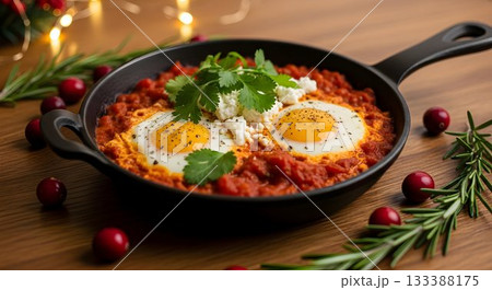 savory shakshuka served with herbs, traditional cast iron skillet filled with eggs and spices savory shakshuka served with herbs, traditional cast iron skillet filled with eggs and spices 133388175