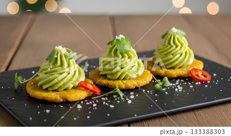 elegant black slate serving with salt, bright natural lighting highlights trendy brunch presentation 133388303