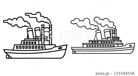 Two passenger steamboats with multiple smoking funnels travel across calm waters in a simple outline 133388556