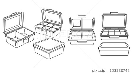 Collection of outline illustrations showing various open and closed lunch boxes with compartments 133388742