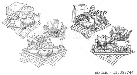 Collection of rustic picnic food items and kitchen utensils arranged on a checkered cloth in a charming outline style 133388744