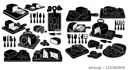 Comprehensive collection of cheese products and specialized knives presented as black silhouettes on various cutting boards 133388809