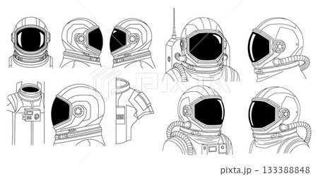 Detailed line art collection of astronaut helmets and space suit parts, depicting exploration and future concepts 133388848