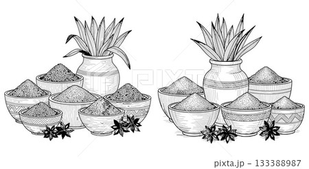 Hand drawn illustration featuring bowls of granular spices, star anise, and a potted plant 133388987